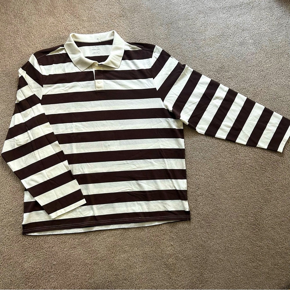 Men’s XXL Everlane The Premium-weight Rugby Shirt White Brown Stripe NWOT